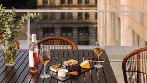 Una mesa con una botella de vino, copas, una tabla de quesos y un florero con plantas, en un balcón con vista a la ciudad.