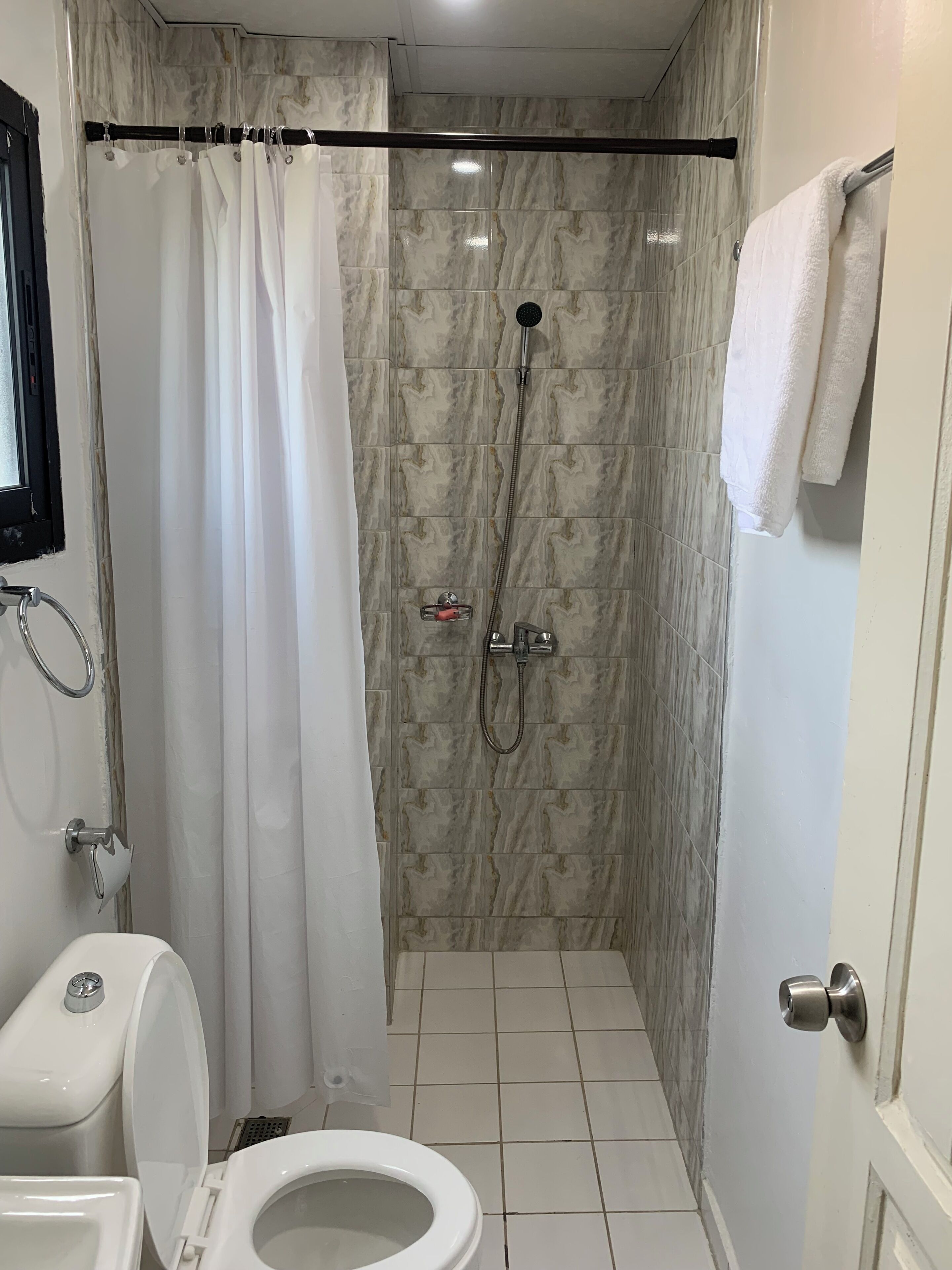 Baño con ducha, inodoro y toallero.