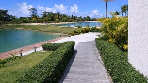 A pathway leading to a pool area with a clear view of the water and surrounding greenery. - 1BR on P. Lake Vista Lake – Concierge S., Pool & Gym (Punta Cana)