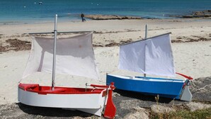 To små både på en sandstrand med en klippefyldt kystlinje og havet i baggrunden.