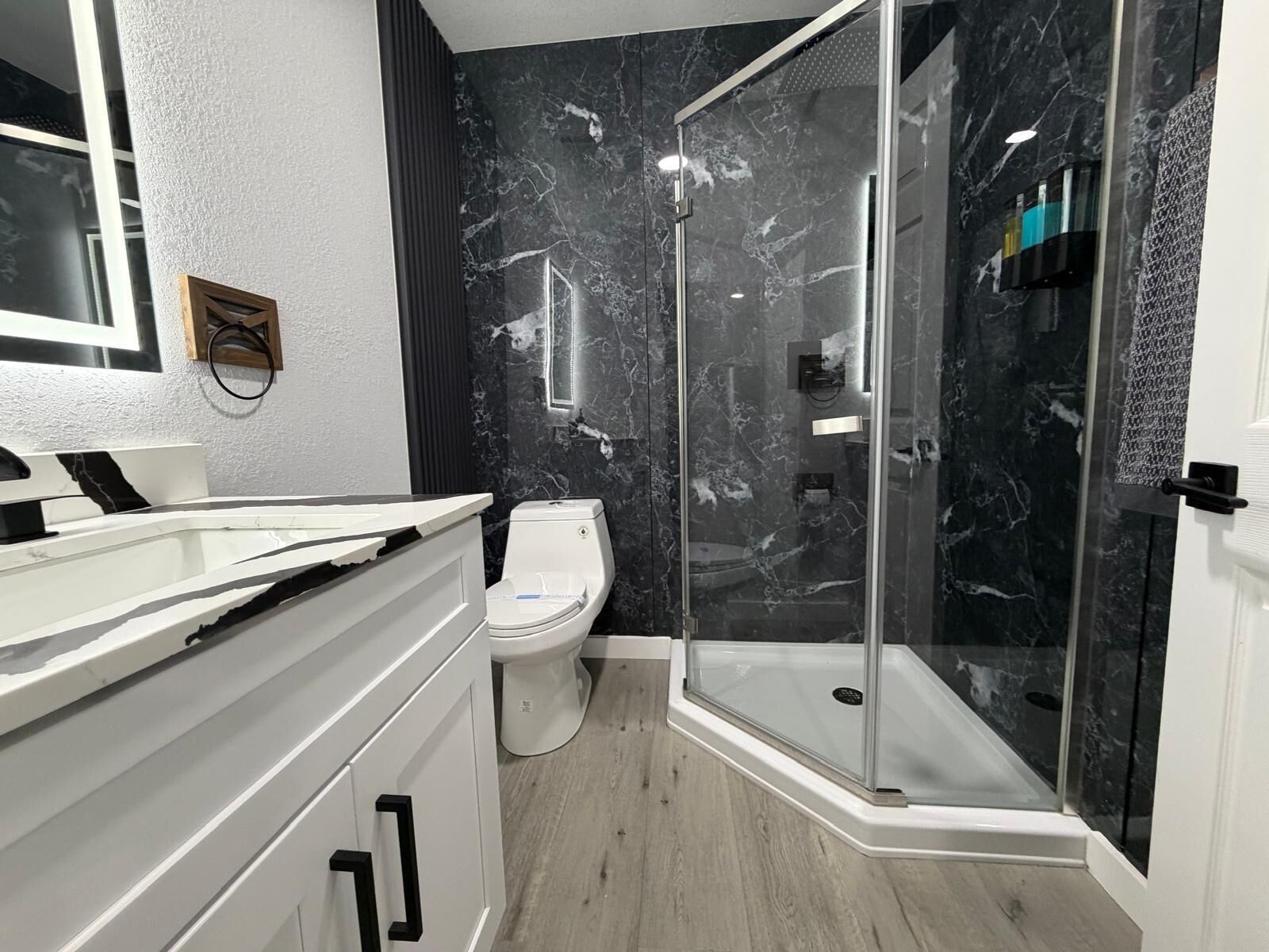 Hair dryer, towels, soap, shampoo