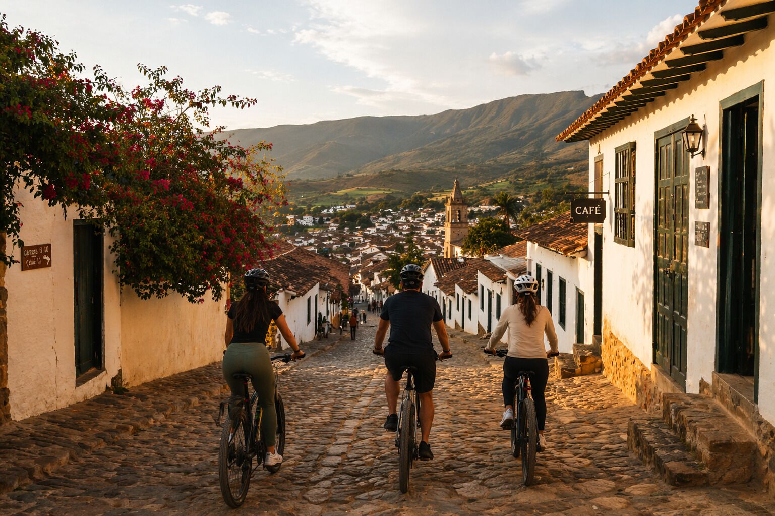 Calle empedrada con ciclistas, edificios blancos y un letrero de café.