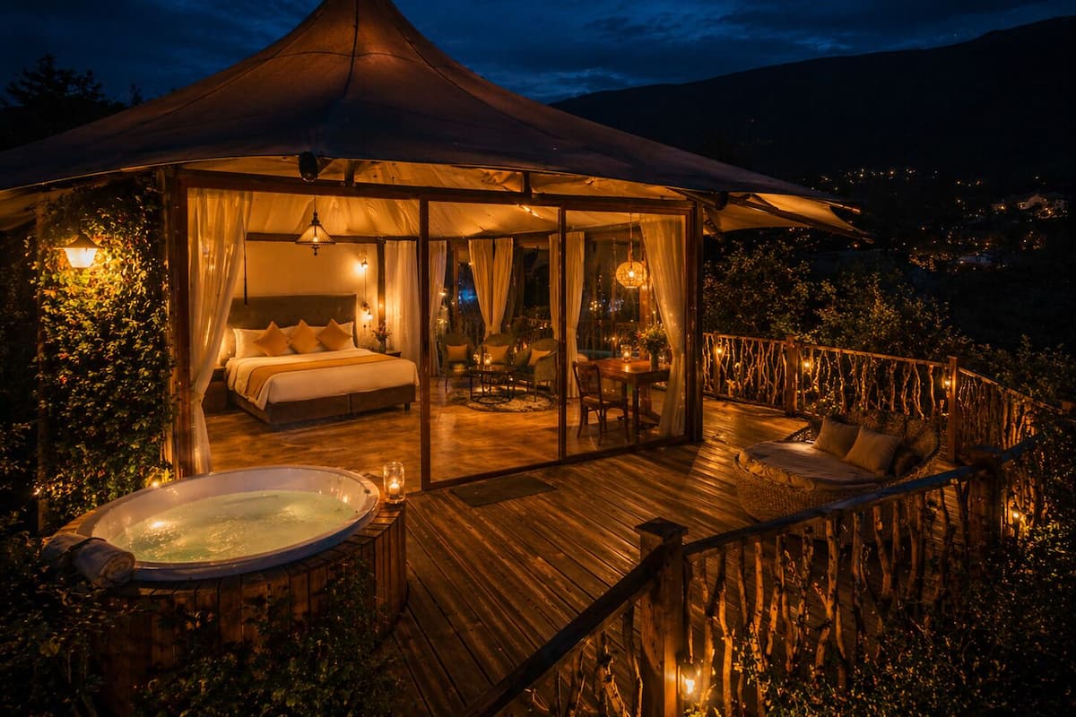 Un hébergement sous tente comprenant une chambre, un coin repas et un jacuzzi.