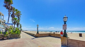 Passeggiata costiera con palme, spiaggia e un cartello con le normative.