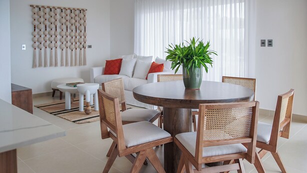 Un salon moderne avec une table de salle à manger ronde, des chaises en bois, un canapé blanc et une grande plante.