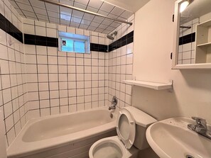 Douche, séchoir à cheveux, serviettes fournies, savon