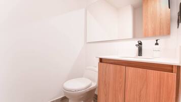 A modern bathroom with a white toilet, a wooden vanity, and a mirror above the sink.
