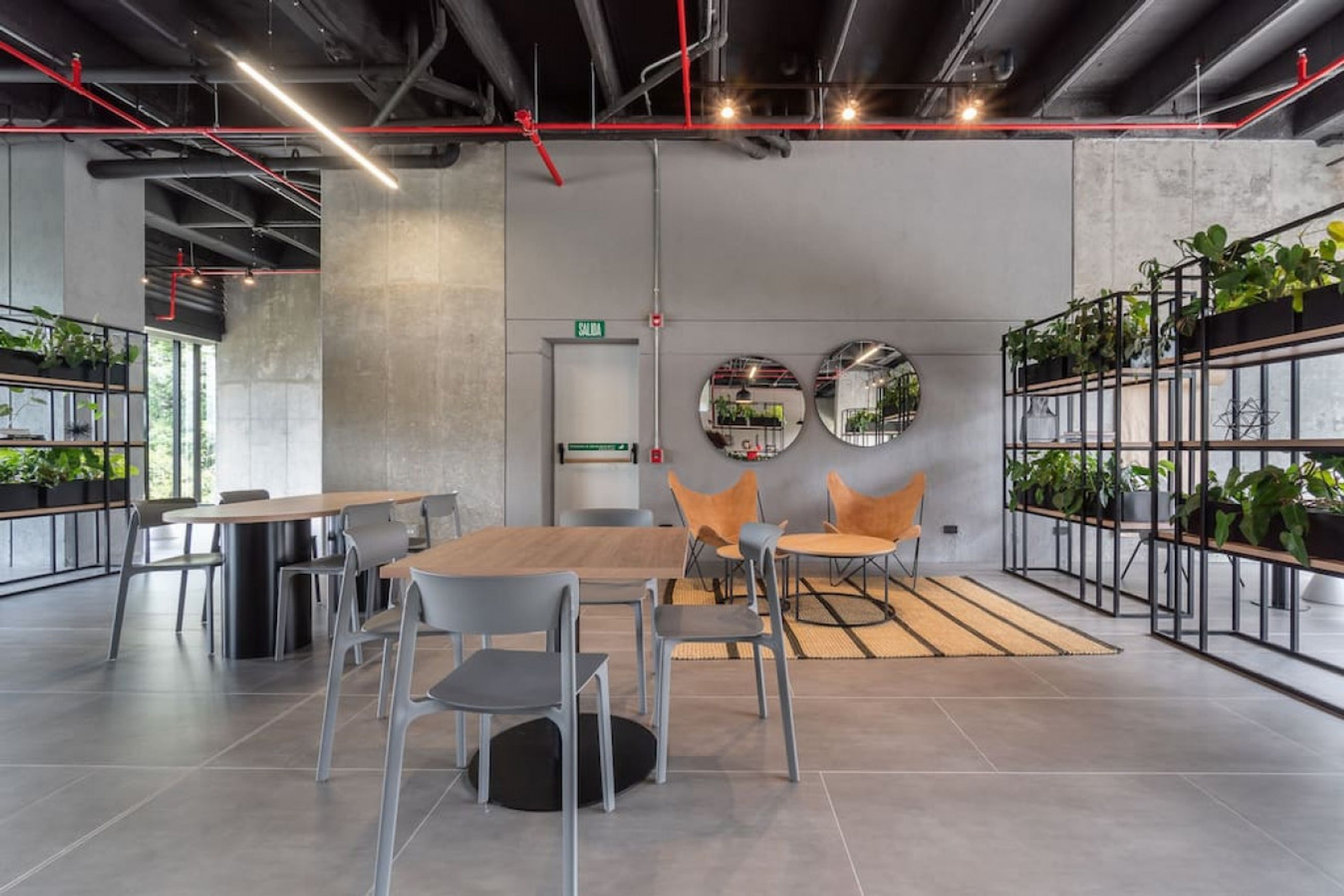 A modern meeting room with a wooden table, grey and orange chairs, and potted plants.