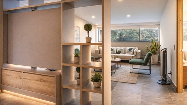A modern living room with a wooden console, a sofa set, a coffee table, and potted plants. - Oslo 701 in Medell n (Medellín)