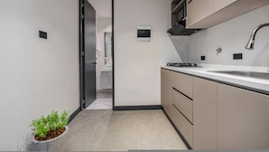 A modern kitchen with a built-in stove, a sink, and cabinets.