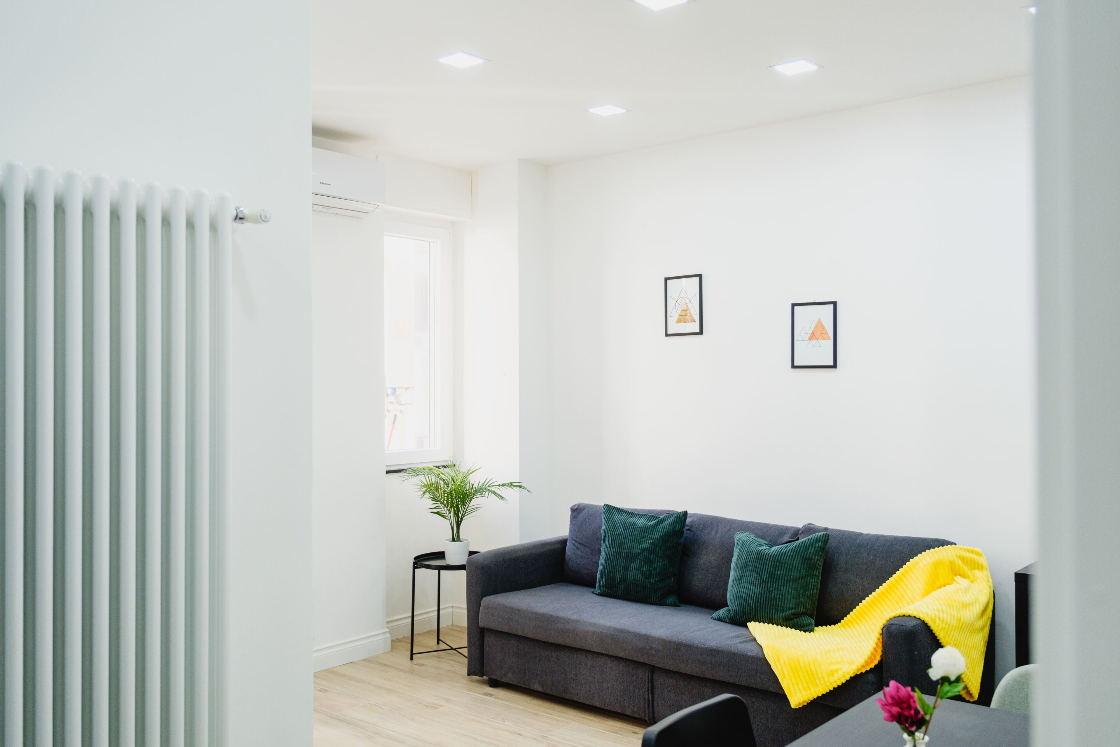 Ein modernes Wohnzimmer mit grauem Sofa, einem kleinen Beistelltisch, einer Topfpflanze und zwei gerahmten Bildern an der Wand.