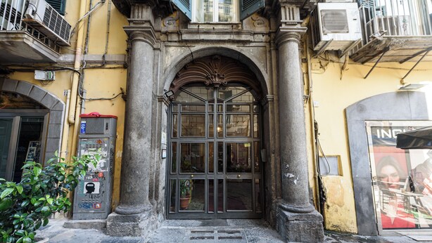 Une entrée d’immeuble avec une grande porte en arc de cercle, un pot de fleurs et un coffret de raccordement électrique.