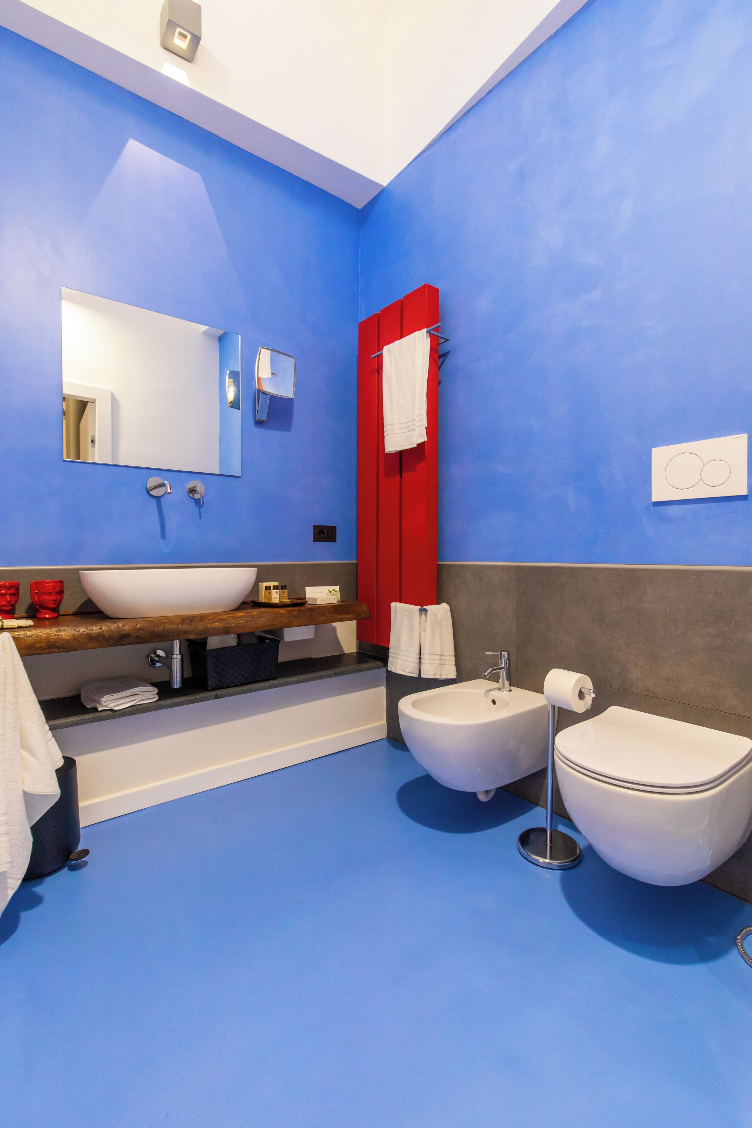 Une salle de bain moderne avec un mur bleu, un meuble-lavabo en bois, un lavabo blanc, un bidet et un porte-serviettes rouge.