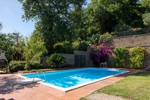A rectangular swimming pool with a metal ladder, surrounded by a brick wall and lush greenery. - Olivetello  (Trevignano Romano)