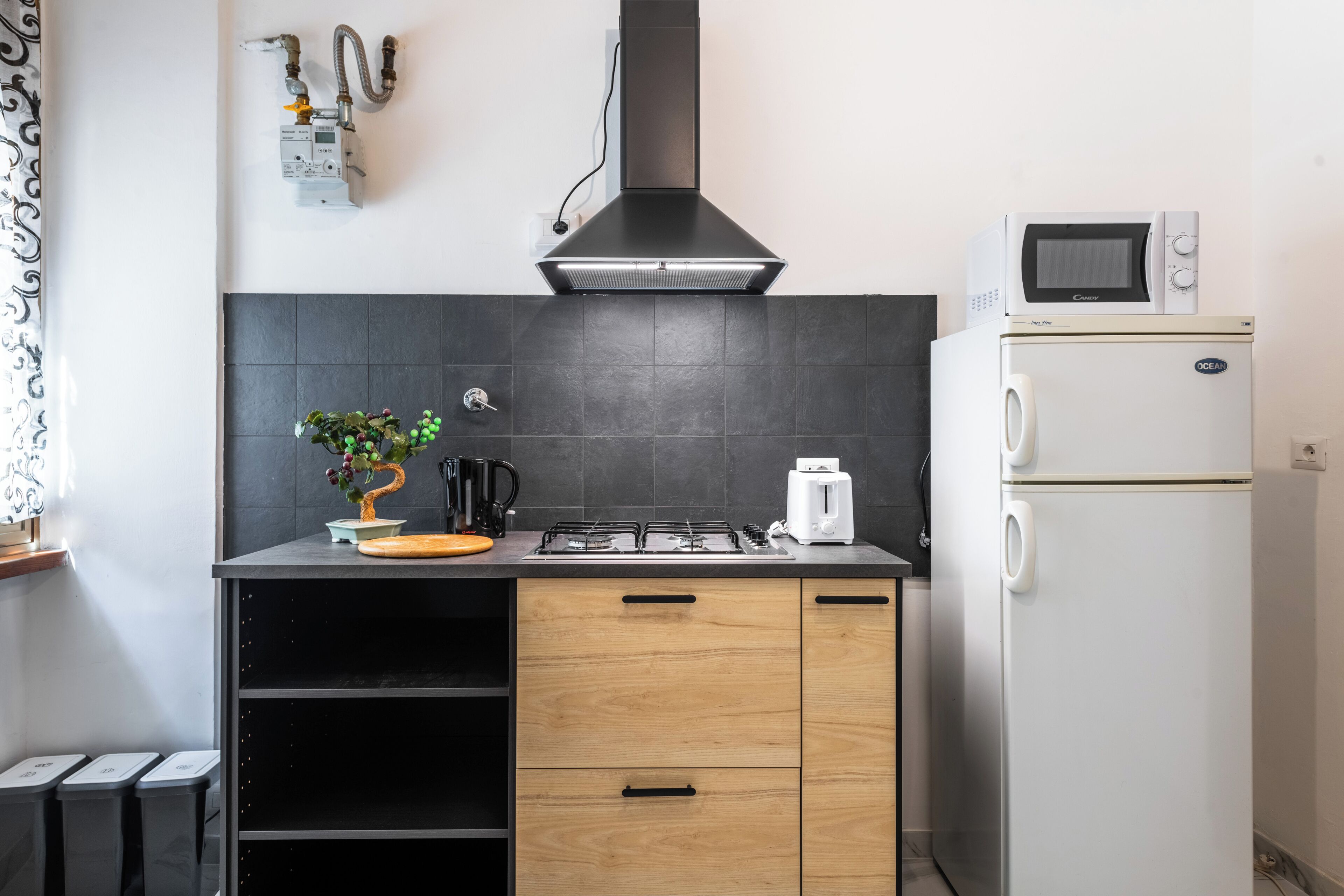 Eine moderne Küche mit Gasherd, Mikrowelle und integriertem Backofen. Auf der Arbeitsfläche steht eine kleine Pflanze und ein Kaffeeautomat.