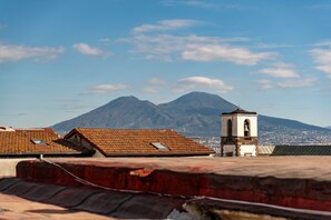 A rooftop with terracotta tiles, a bell tower, and a mountain in the background. - Purgatorio Terrace (Naples)