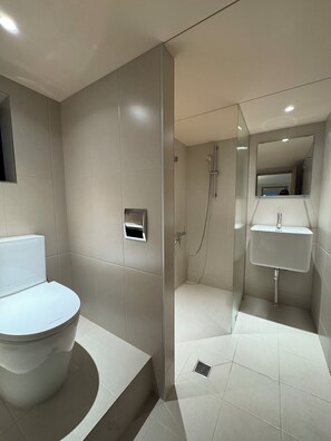 Shower, hair dryer, towels, soap