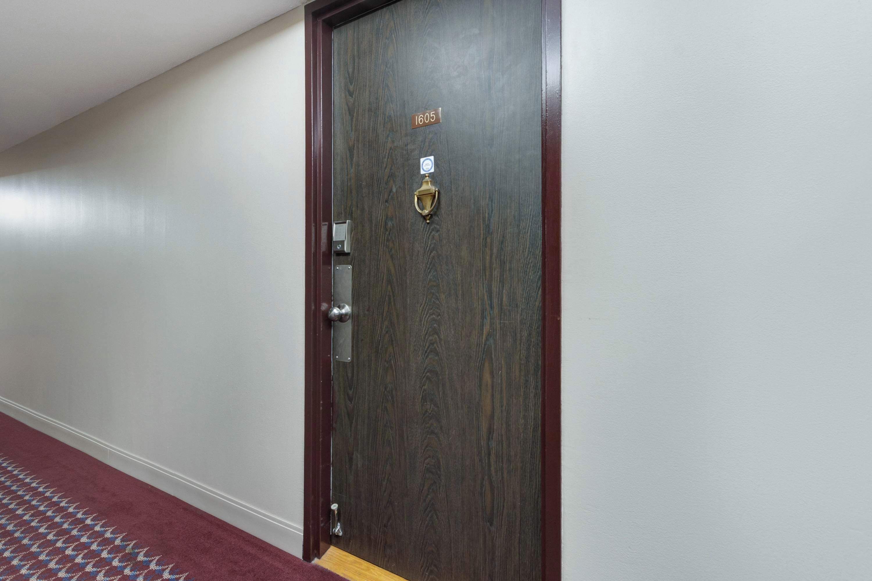 A wooden door with a brass knocker and a number plate, a metal handle, and a small sign above the knocker.