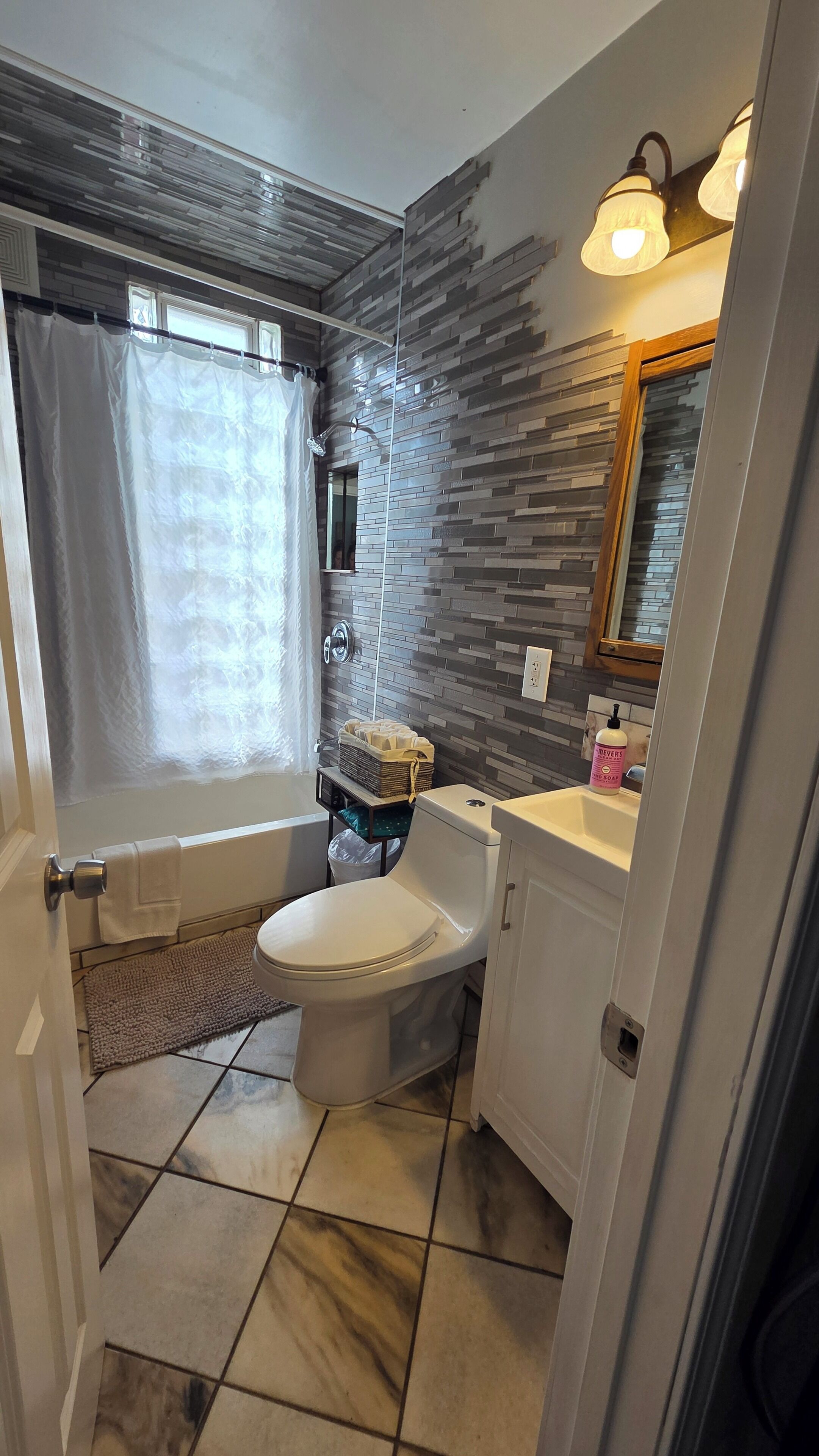 Hair dryer, towels, soap, toilet paper