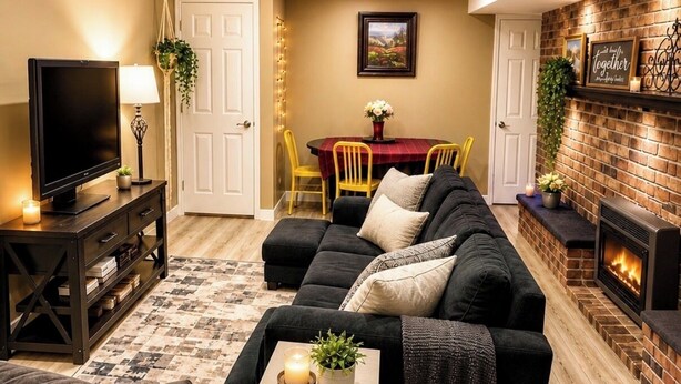 Una sala de estar con sofá, televisión, chimenea y un comedor con sillas y mesa.