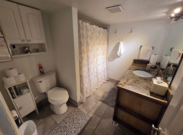 Hair dryer, towels, soap, toilet paper