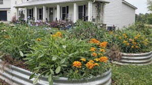 A two-story white house with a front porch, surrounded by a garden with various plants and flowers. - Farmhouse in Dawsonville-Perfect for groups! (Dawsonville)