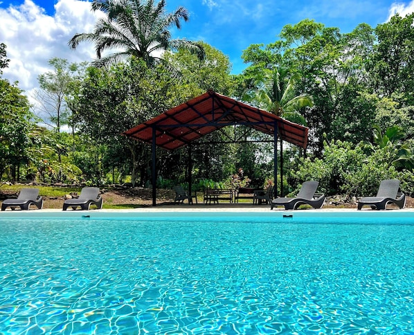A clear swimming pool with lounge chairs and a shaded pavilion.