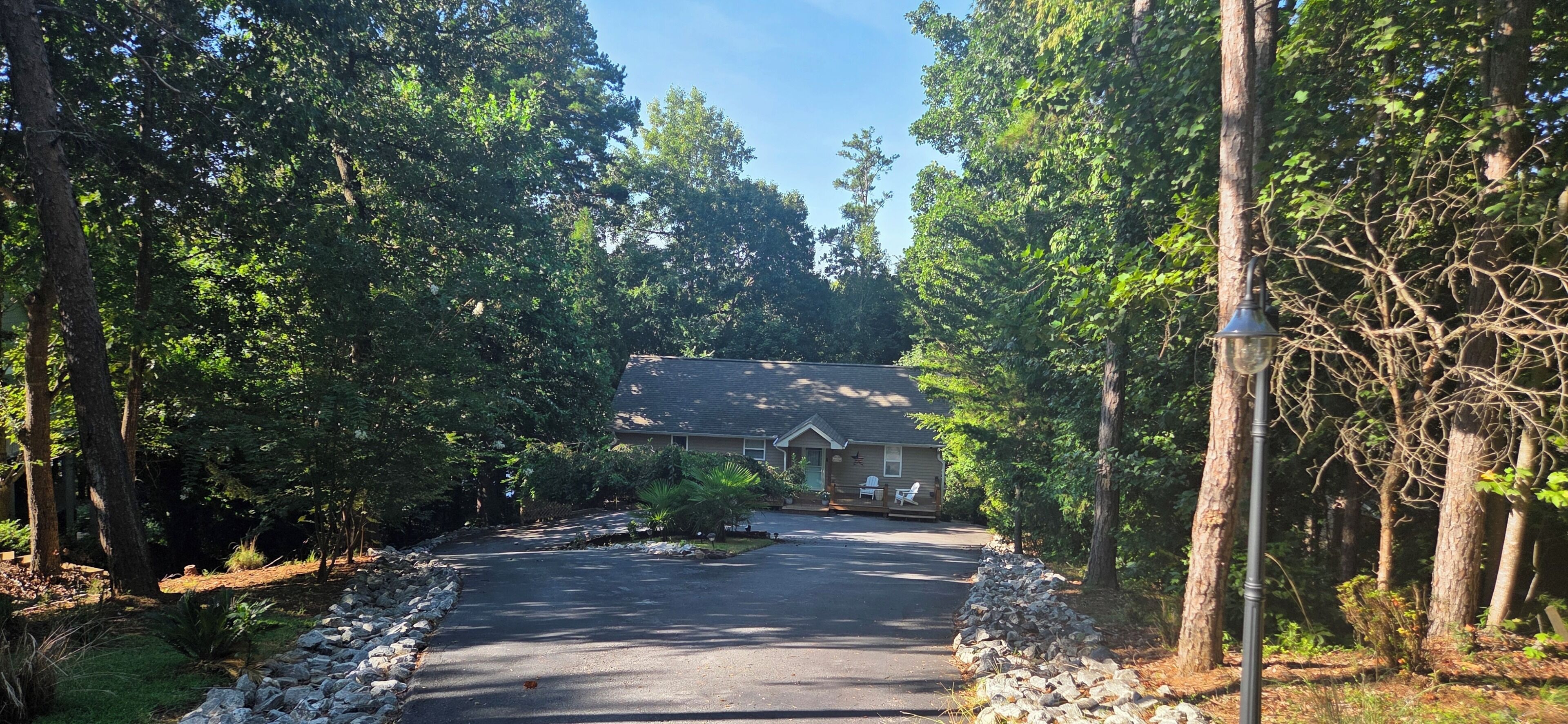 A residential property with a paved driveway leading to a house surrounded by dense trees.