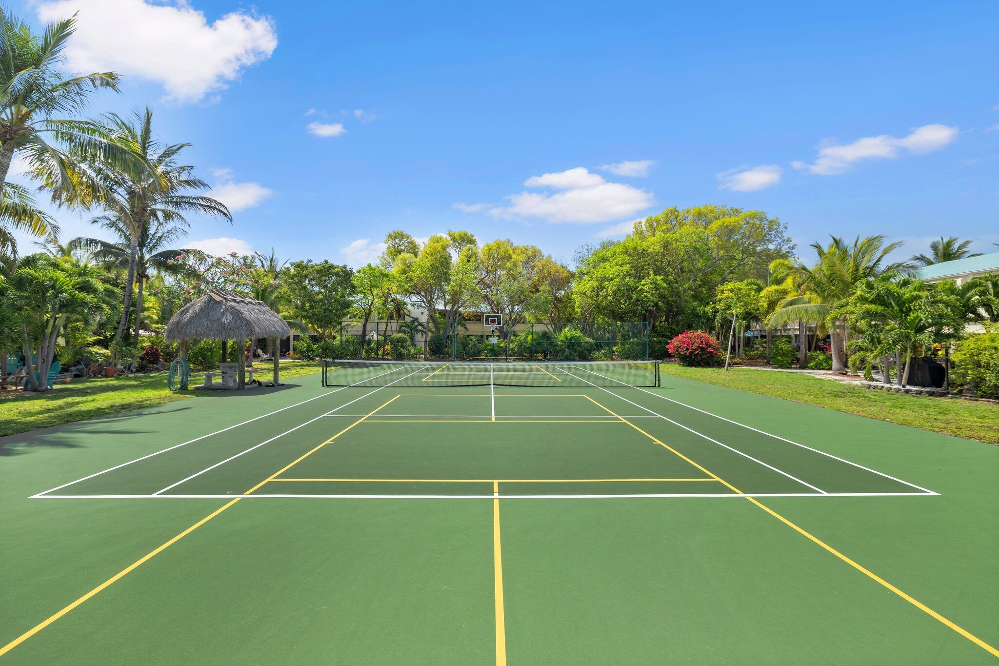 A tennis court with a net, surrounded by palm trees and greenery.