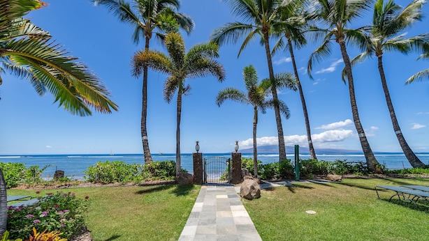 A pathway leading to a gate with a view of the ocean and palm trees. - SUMMER SALE! Remodeled Wonderful West Maui Mountain View in Oceanfront Resort - Lahaina Shores 620 (Lahaina)