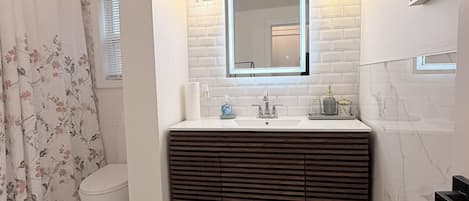 Hair dryer, towels, soap, toilet paper