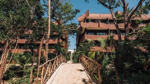 Un camí que porta a un edifici de diversos pisos envoltat d'arbres i vegetació.