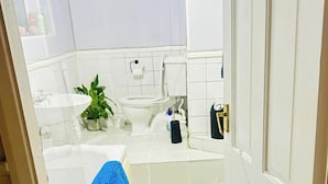 Een badkamer met toilet, wastafel en een blauwe handdoek.