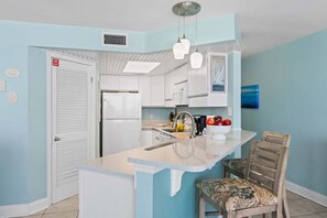 Fridge, microwave, oven, stovetop - Beachfront Simply Heaven Condo w/ Private Balcony & Relaxed Coastal Charm (Panama City Beach)