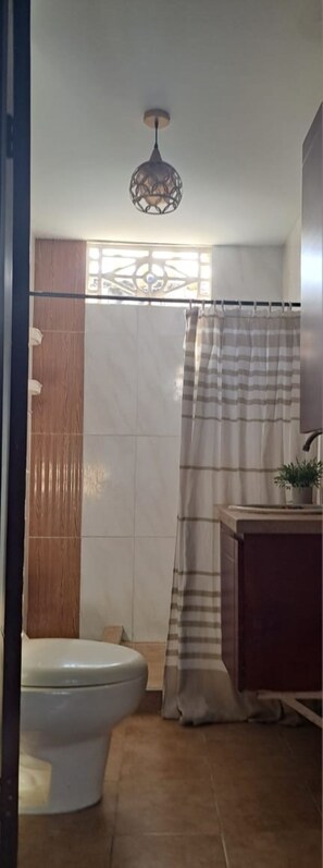 Regadera, toallas, jabón, papel de baño 