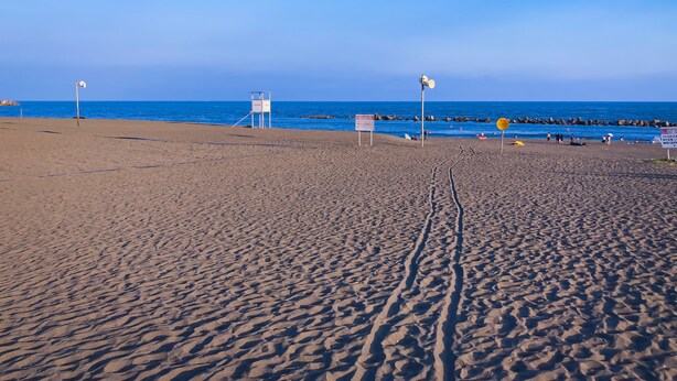 A beach with sand, a clear sky, and a calm sea. - Shonan Minpaku Kabigon (Chigasaki)