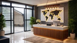 A reception desk with a world map, potted plants, and a modern interior.