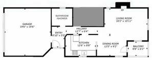 Ein Grundriss mit Garage, Badezimmer, Küche, Esszimmer, Wohnzimmer und Balkon.