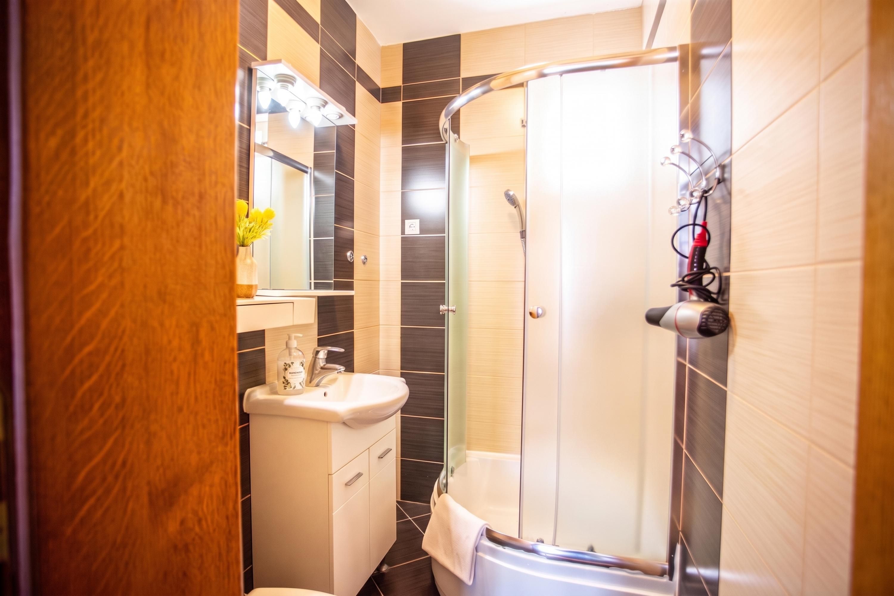 A modern bathroom with a shower, sink, and mirror.