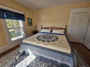 A bedroom with a large bed, a window with a view, a door, and a nightstand with a plant.