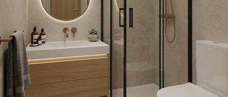 Douche, séchoir à cheveux, serviettes fournies