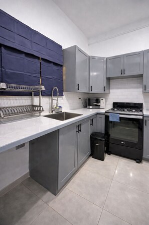 A modern kitchen with grey cabinets, a stainless steel sink, a microwave, and a stove. - Serene 2-bedroom apartment with AC in Saint David (Saint David)