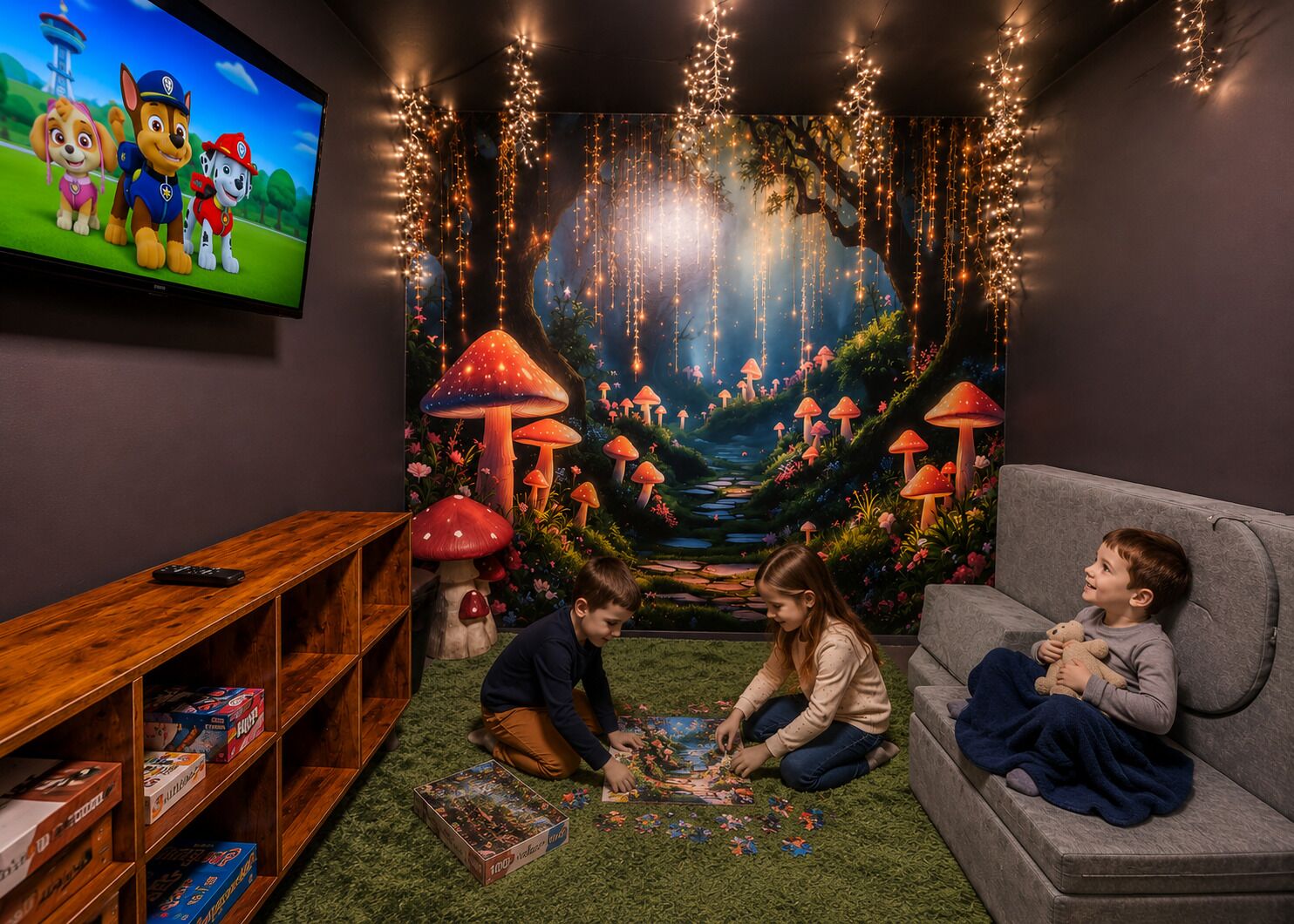 Una habitación acogedora con una televisión de pantalla plana, un sofá y piso alfombrado.