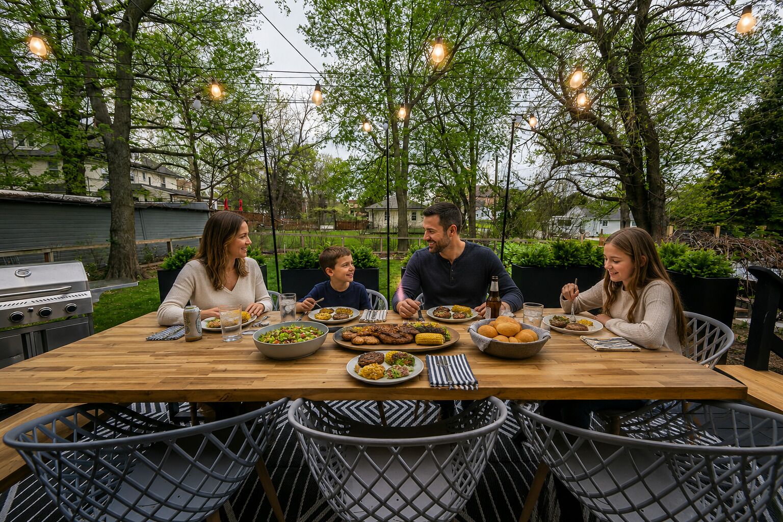 A wooden dining table with chairs, surrounded by greenery and trees, with a grill and outdoor lighting.
