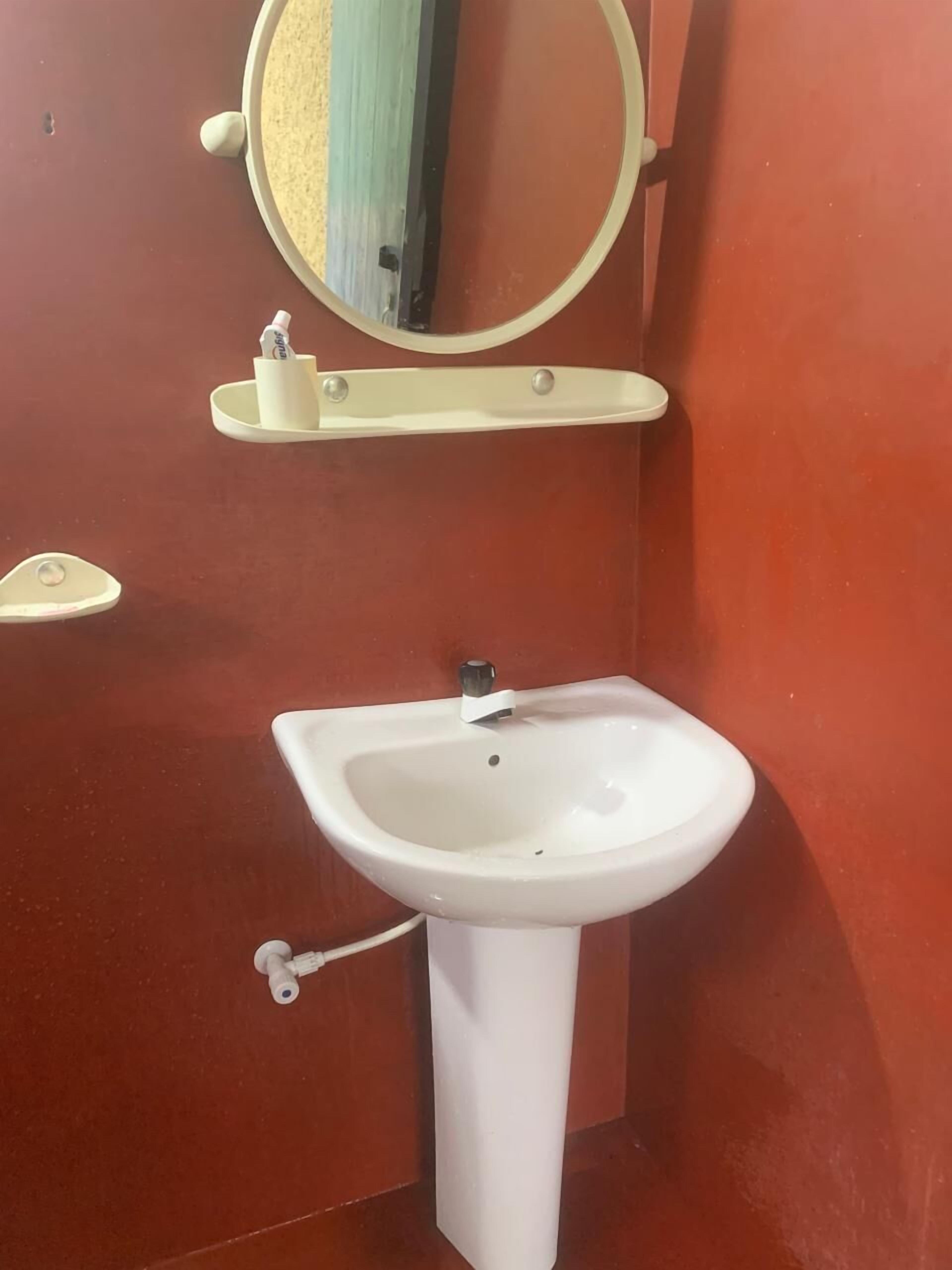 A white pedestal sink with a mirror above it, a soap dispenser, and a towel holder on a red wall.