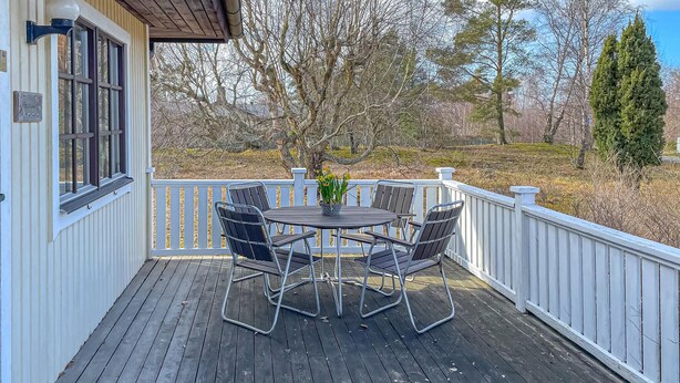 A wooden deck with a table and chairs, a potted plant, and a white railing.