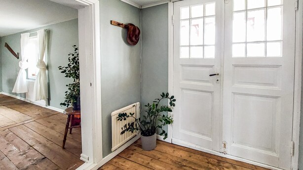 Een gang met houten vloer, een witte deur met een handgreep en een radiator met een plant.