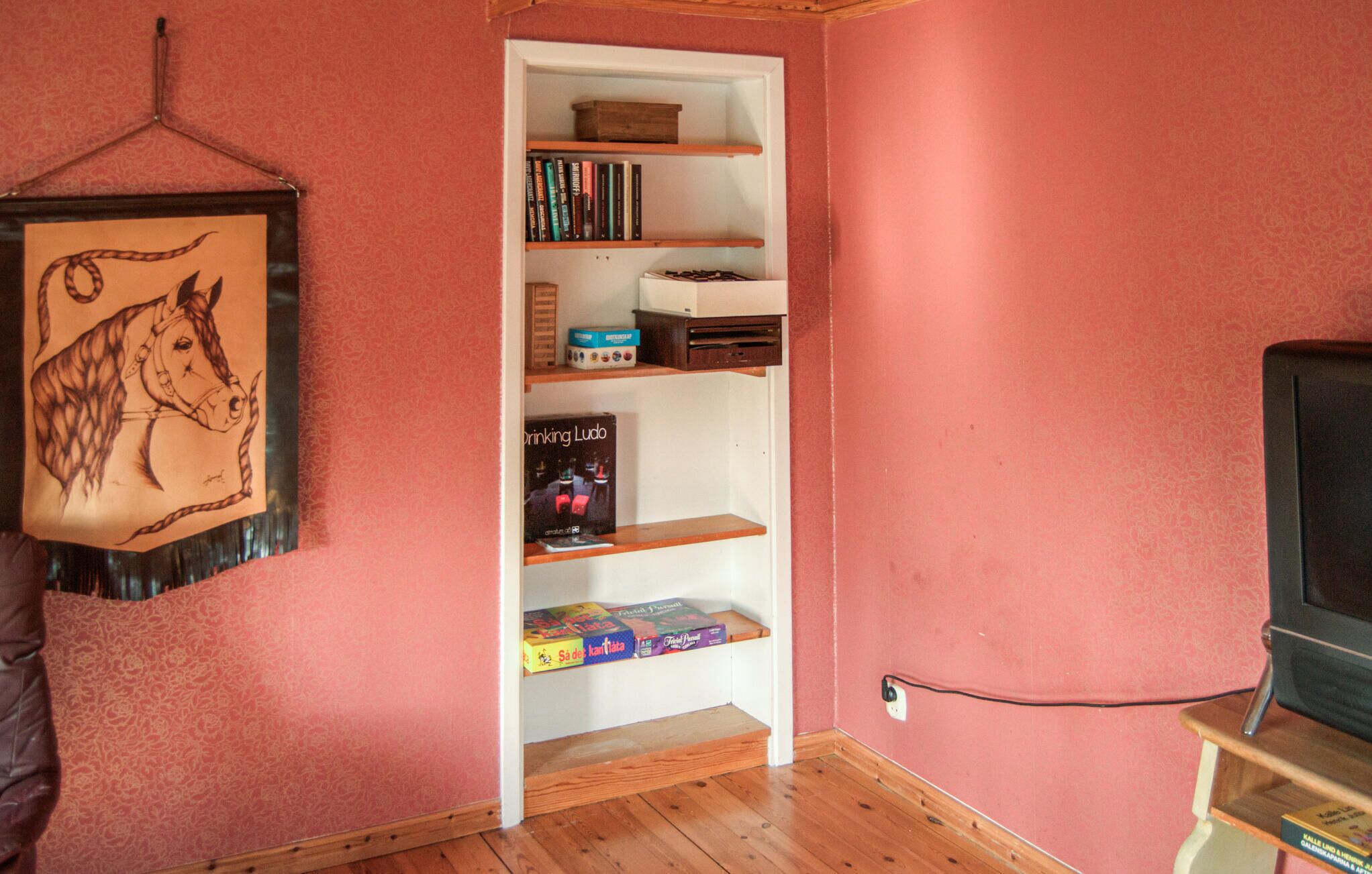 A room with a bookshelf, a framed picture, and a television.