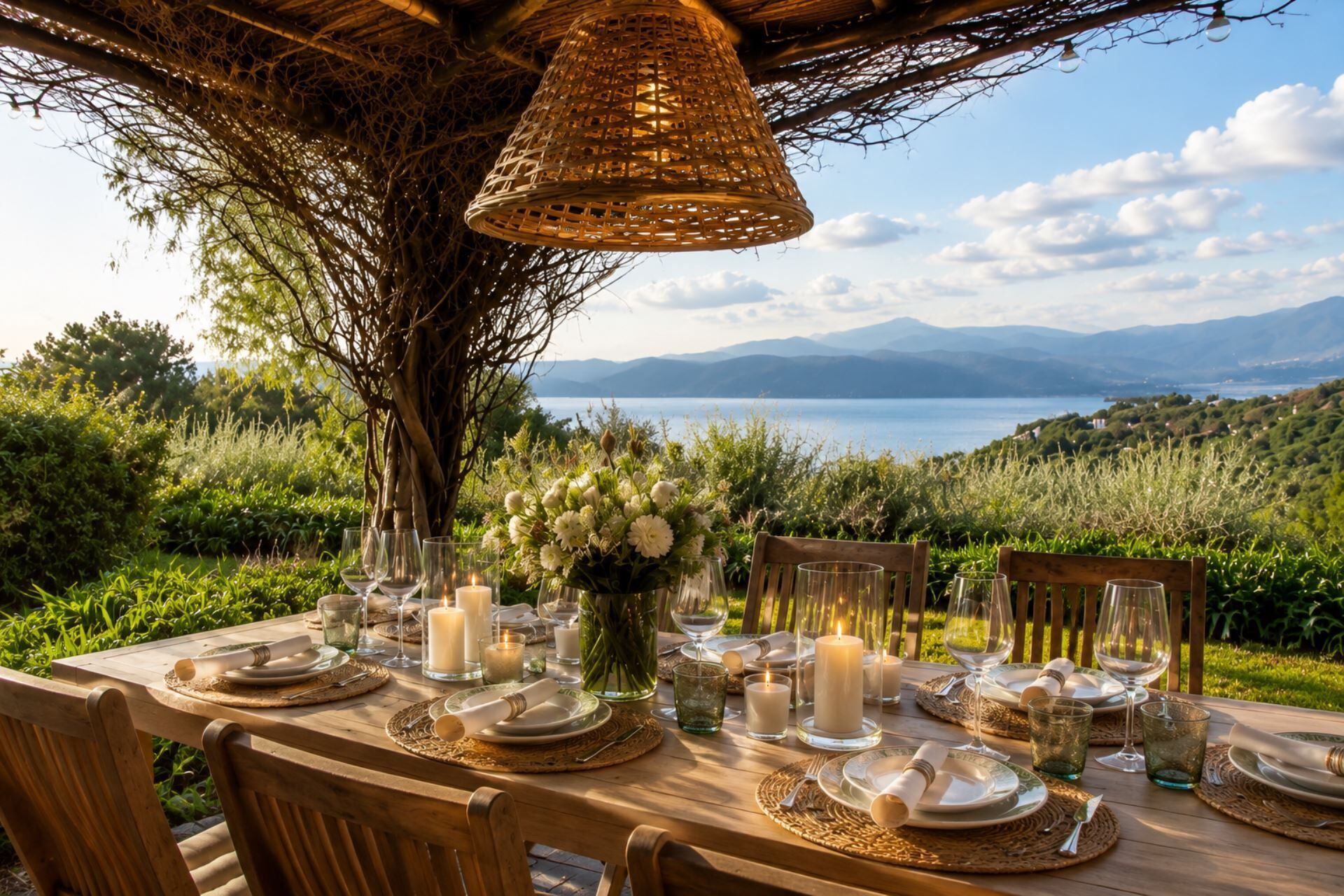 Une table à manger installée à l’extérieur, agrémentée de bougies, d’assiettes et de verres, et offrant une vue panoramique sur un paysage magnifique, avec des montagnes et une étendue d’eau.