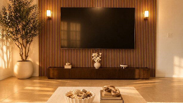 Un salon moderne avec un téléviseur à écran plat fixé sur un mur recouvert de panneaux en bois, un ventilateur de plafond, une table basse agrémentée d’objets décoratifs et une plante en pot.
